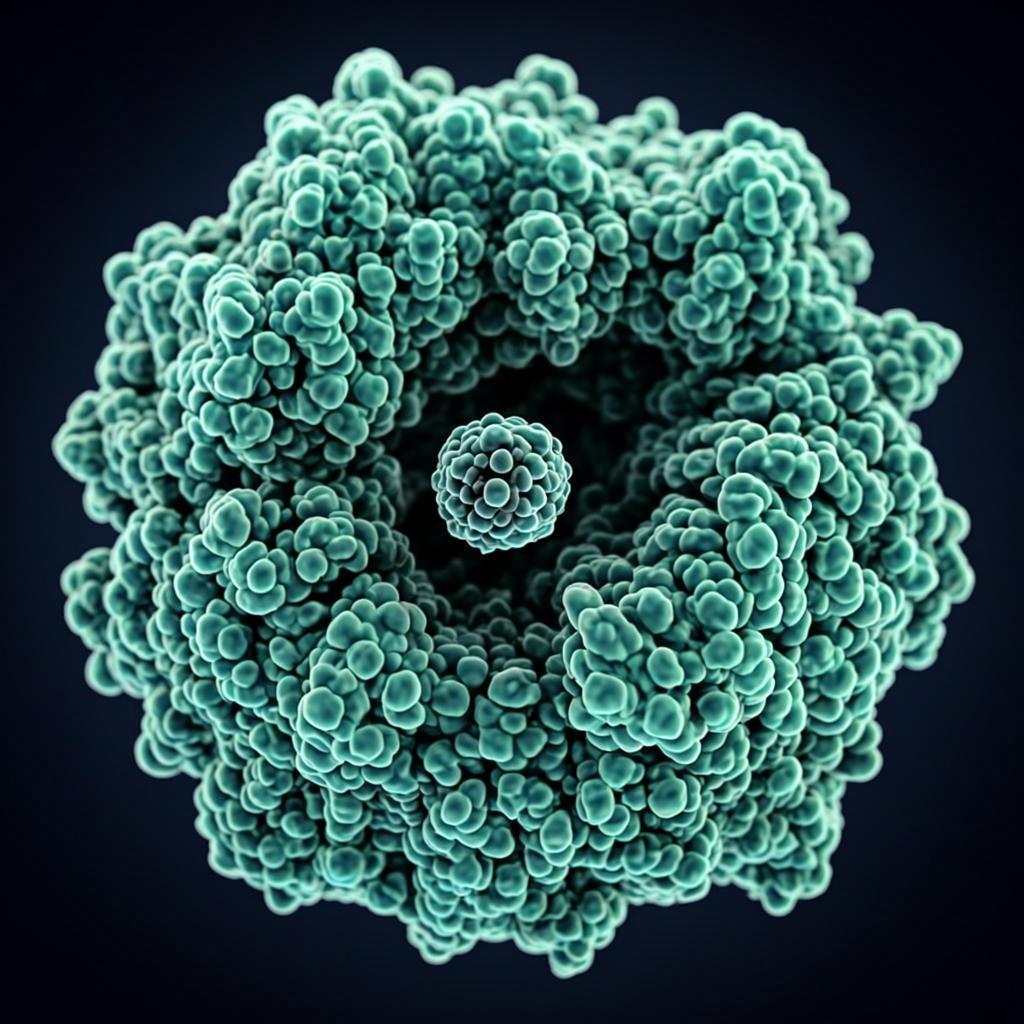 Close-up render of an enzyme active site with a bound ligand